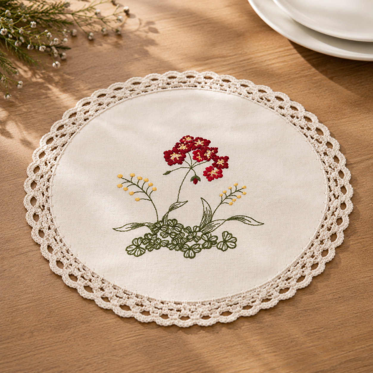 Xia Home Fashions Embroidered Floral Crochet Trim Round Doilies 12" Set of 4 Beige