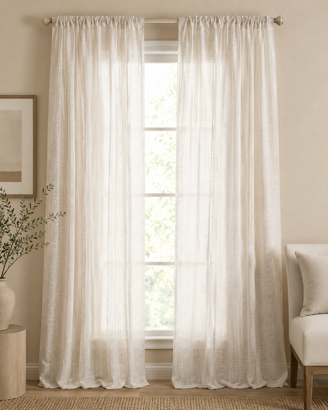 ML16608 Pompeia Textured Stripe Sheer Rod Pocket Curtain Panel 52x96 Natural Polyester