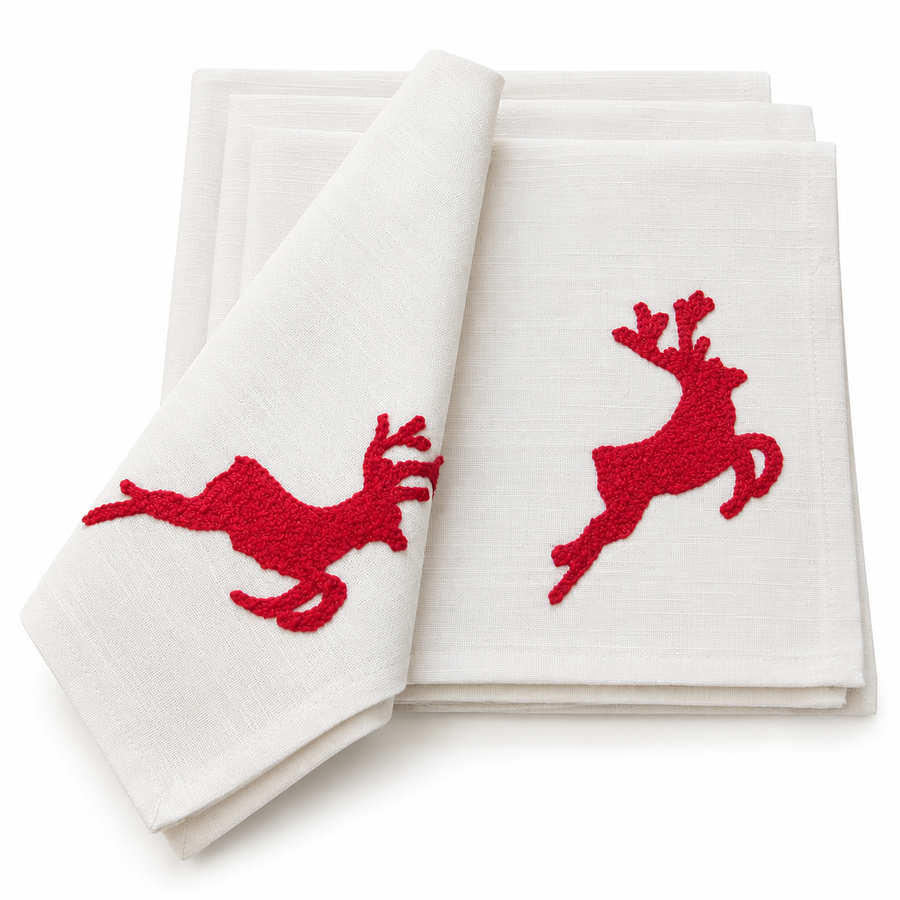 ML10107D Holiday Reindeer Crewel Embroidery Napkins Set of 4 20x20