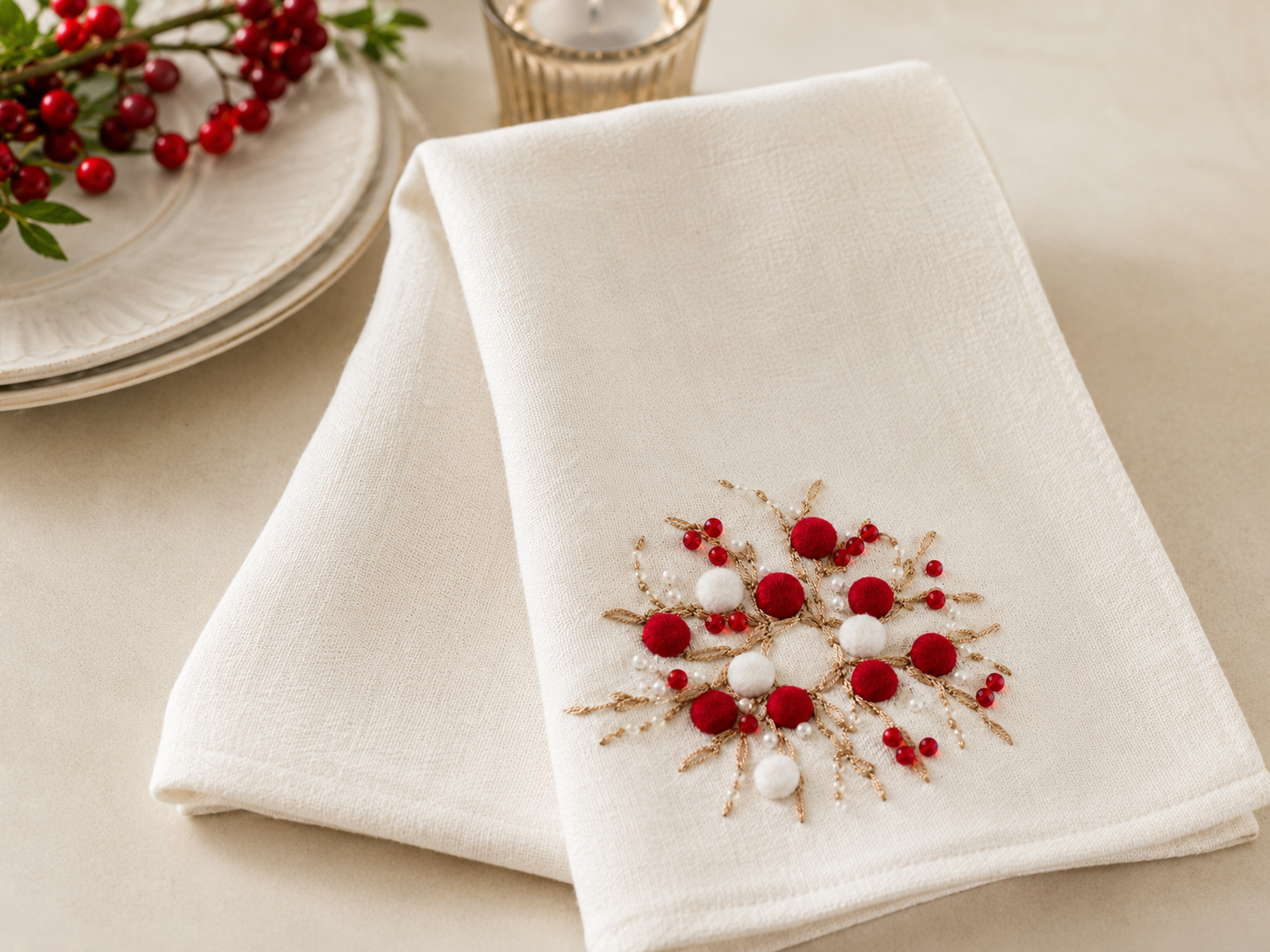 ML10103A Holiday Berry Wreath Double Layer Napkin 20x20