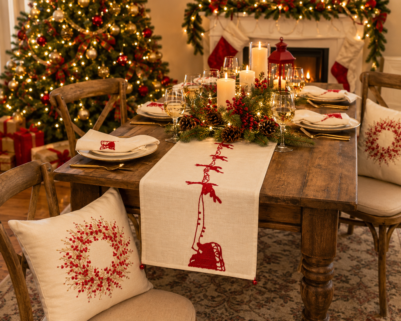 ML10107D Holiday Reindeer Crewel Embroidery Napkins Set of 4 20x20