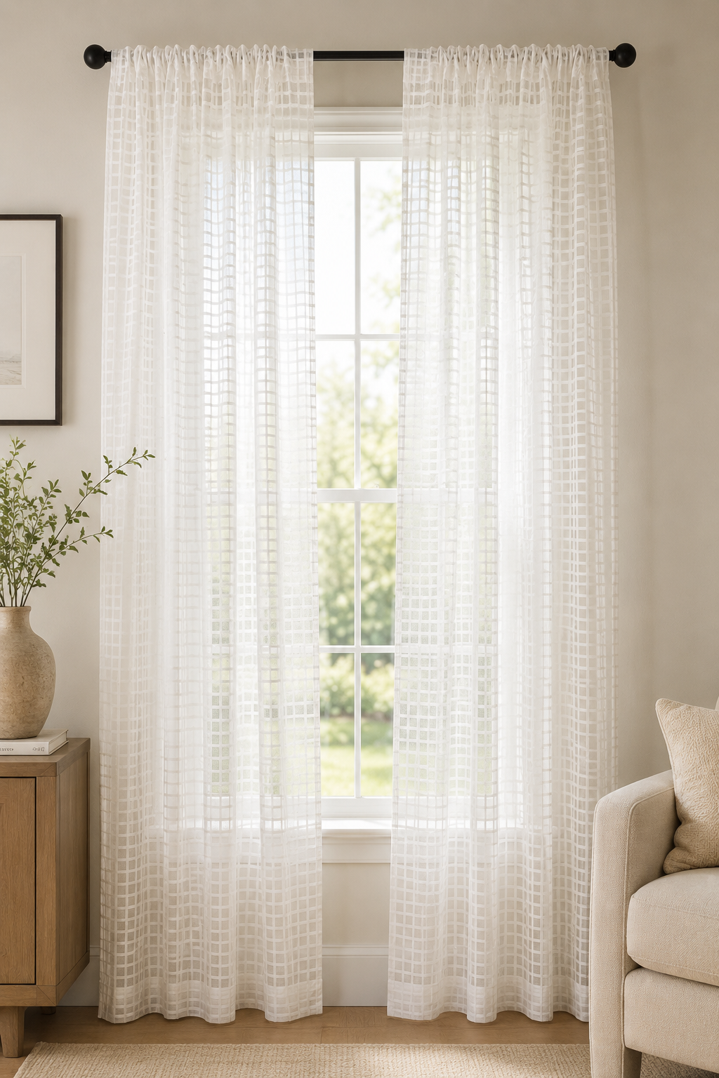 ML16246 Bonita Plaid Sheer Rod Pocket Curtain Panel 52x108 White Polyester
