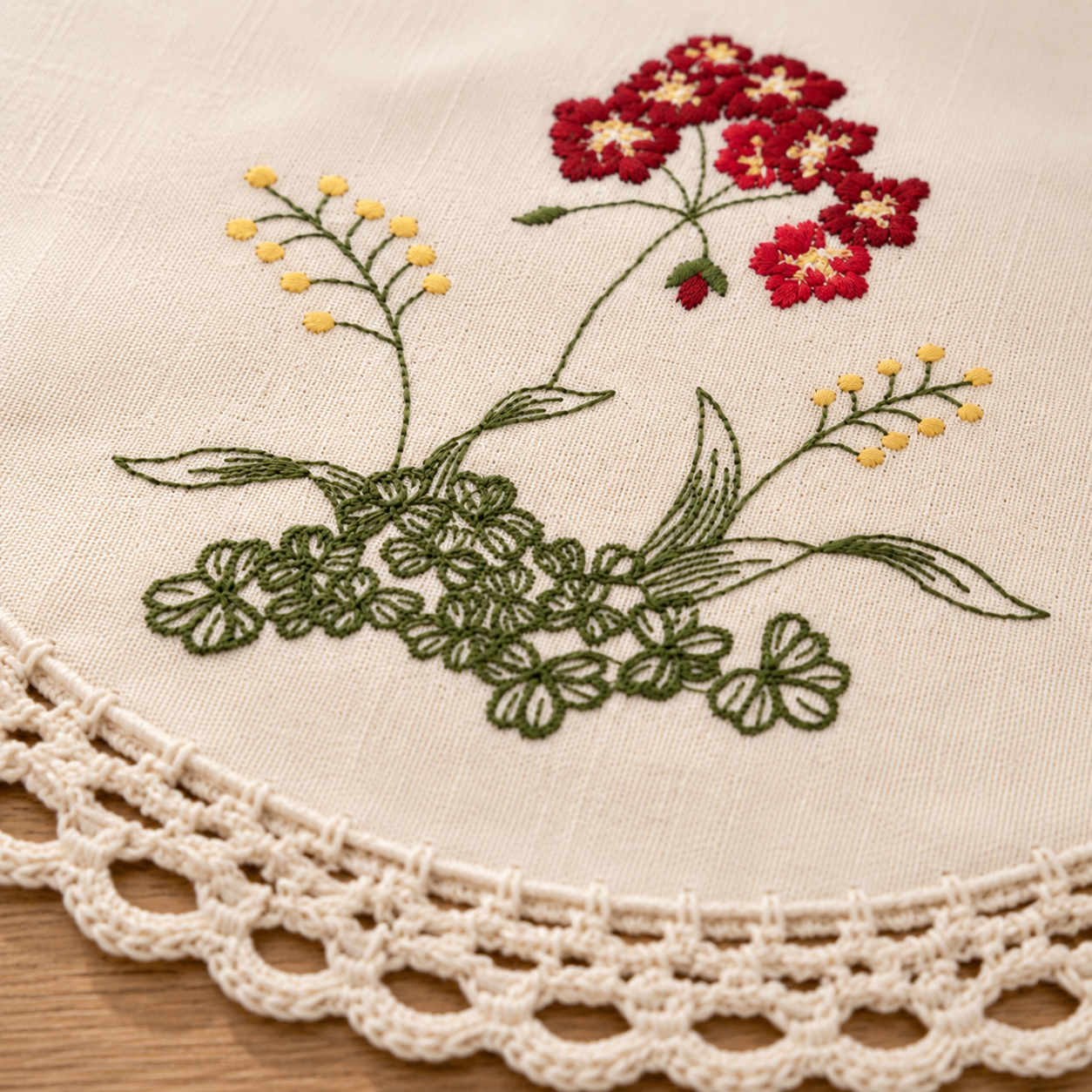 Xia Home Fashions Embroidered Floral Crochet Trim Round Doilies 12" Set of 4 Beige
