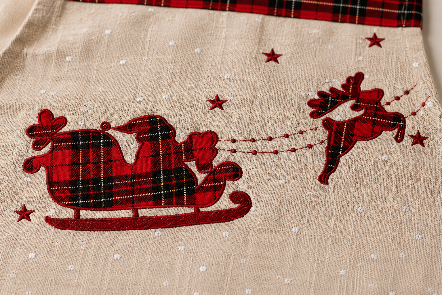 XD19881 Tartan Santa Sleigh Adult Christmas Apron 30x26 Linen Blend