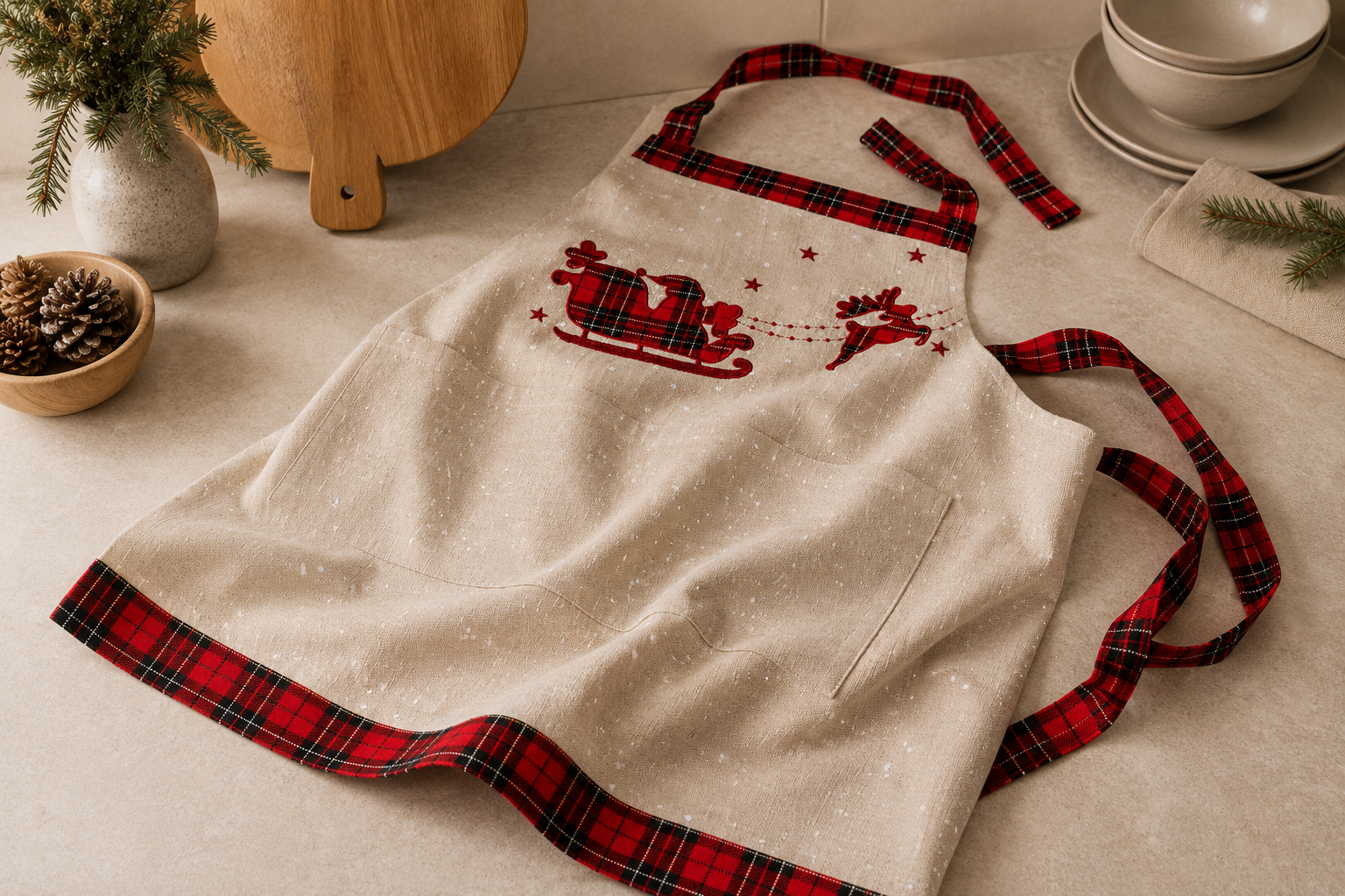 XD19881 Tartan Santa Sleigh Adult Christmas Apron 30x26 Linen Blend