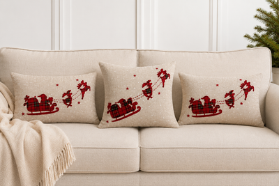 XD19881 Tartan Santa Sleigh Christmas Pillow 14x14 Linen Blend