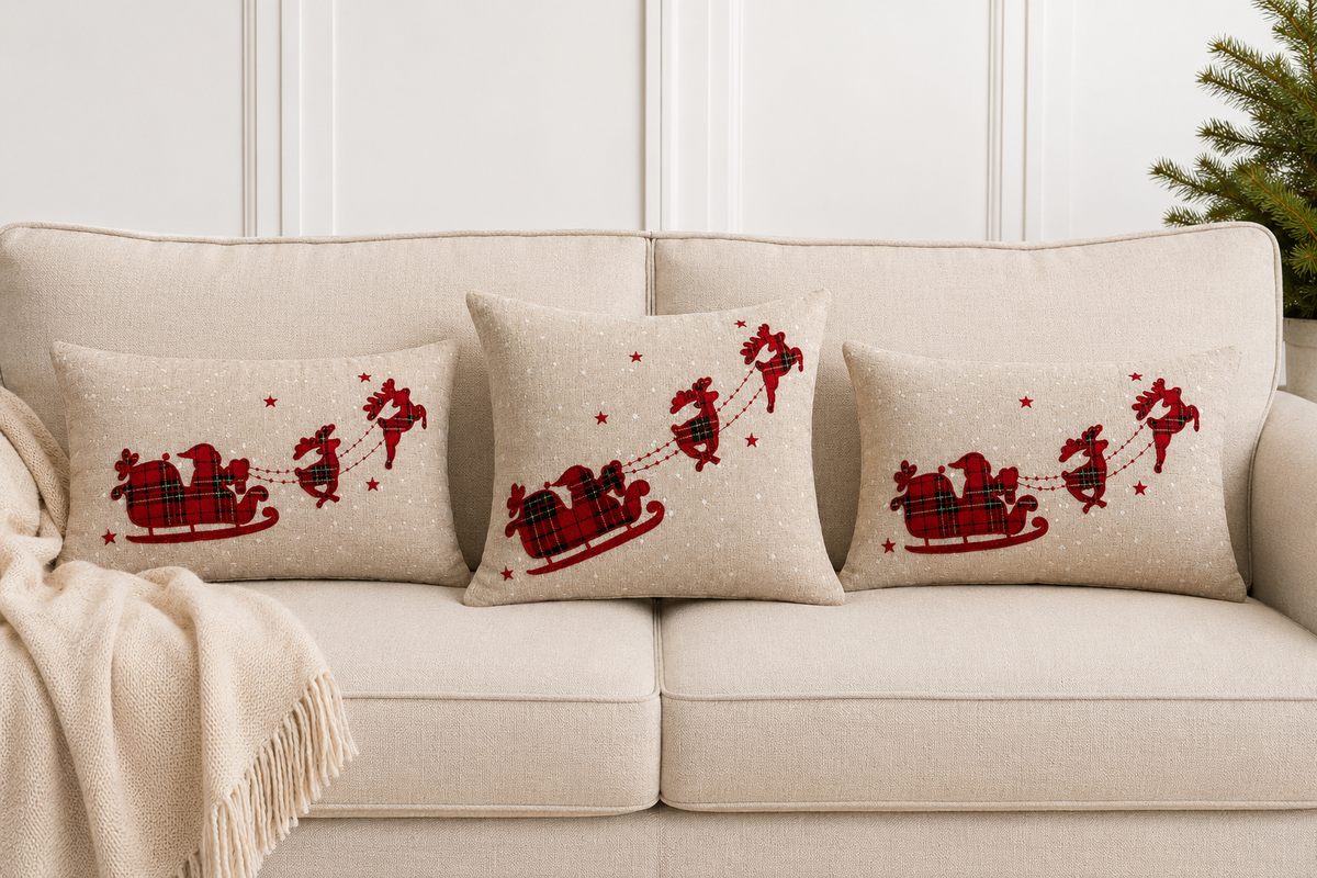 Tartan Santa Sleigh Christmas Pillow Cover