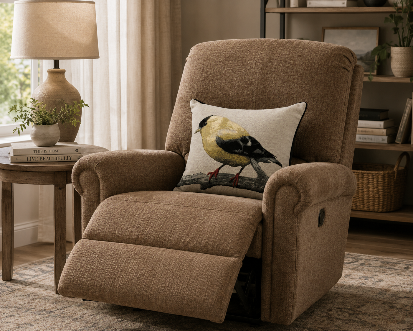 Bird Embroidery Decorative Pil Gold Finch Woven Tapestry Throw Pillow with Feather Insert