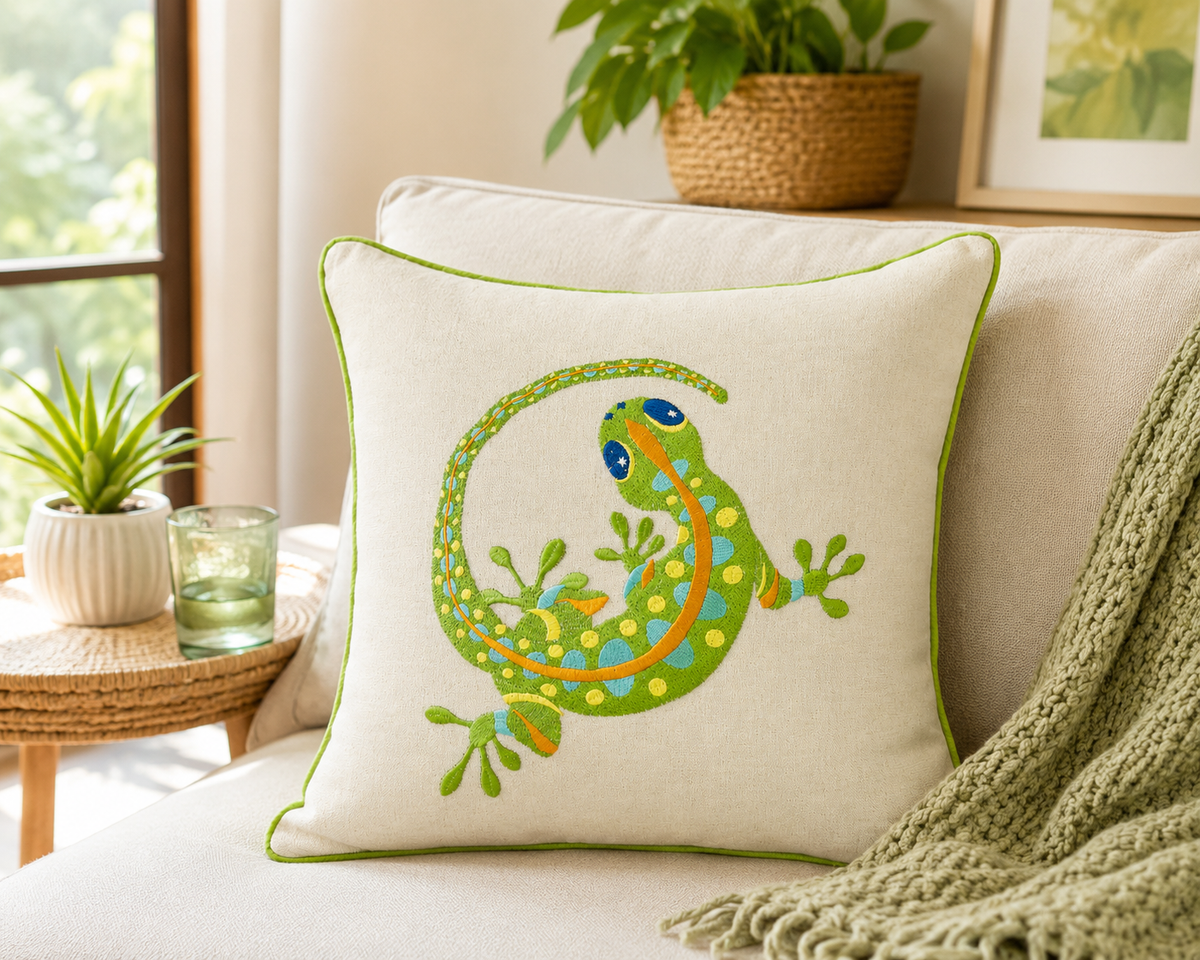 Gecko Embroidered Throw Pillow with Feather Insert