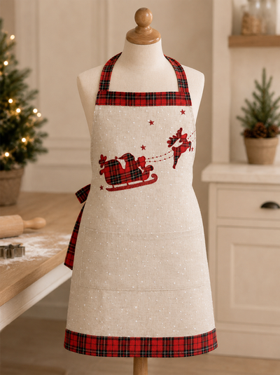 XD19881 Tartan Santa Sleigh Adult Christmas Apron 30x26 Linen Blend