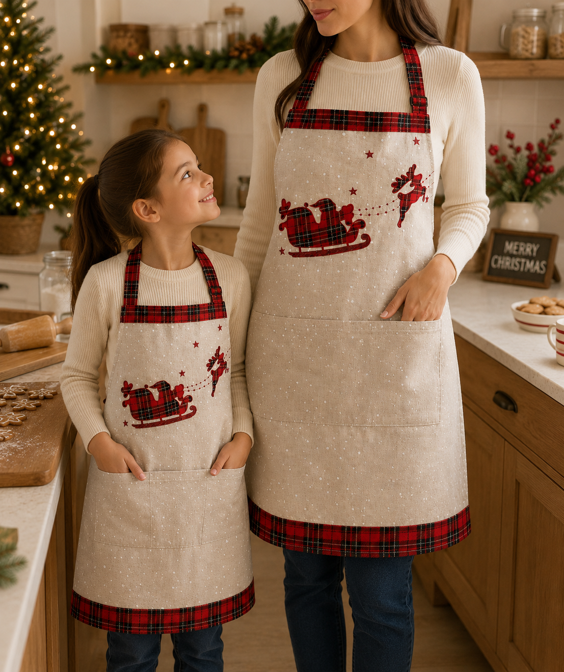 XD19881 Tartan Santa Sleigh Adult Christmas Apron 30x26 Linen Blend