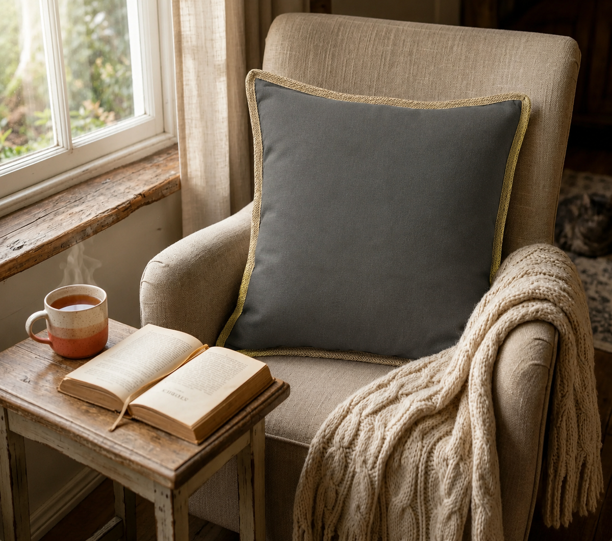 Classic Jute Trimmed Solid Reversible Throw Pillow with Feather Insert - Charcoal
