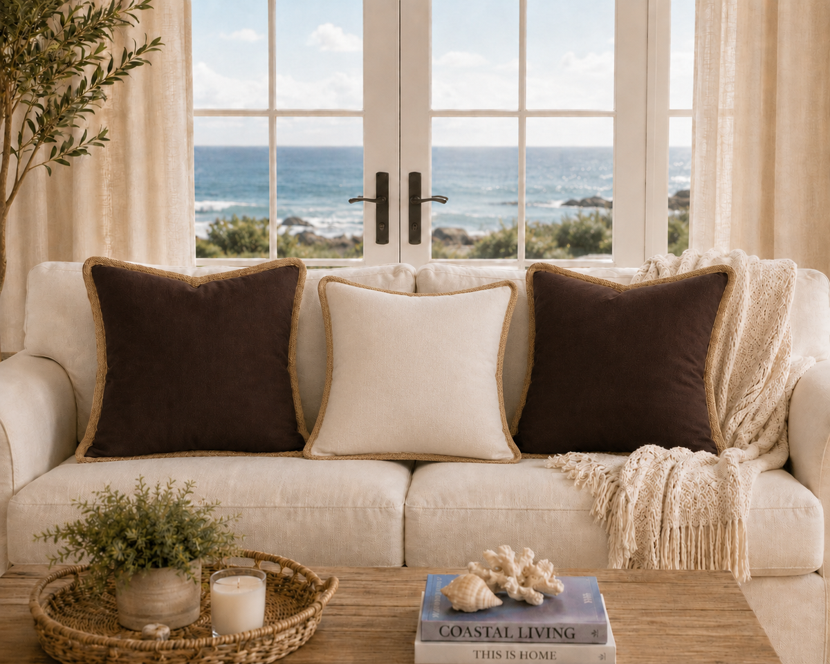 Classic Jute Trimmed Solid Reversible Throw Pillow with Feather Insert - Chocolate