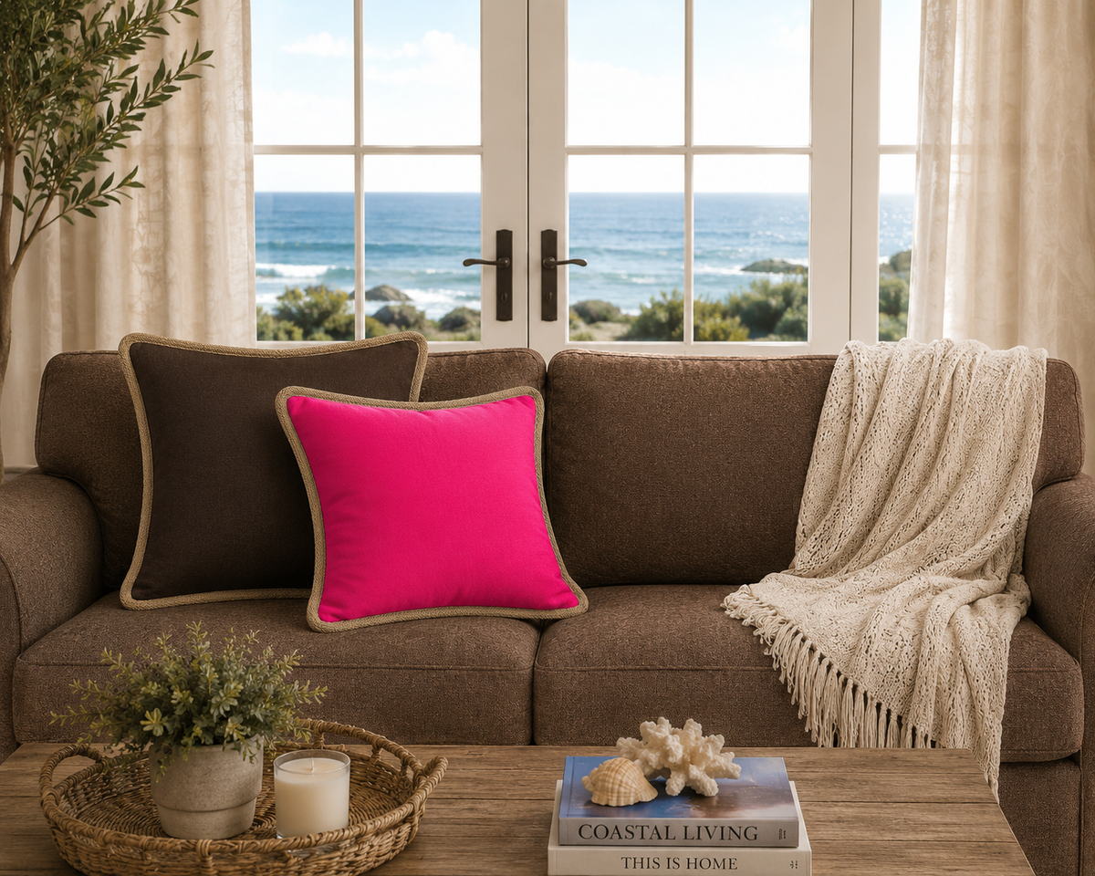 Classic Jute Trimmed Solid Reversible Throw Pillow with Feather Insert - Fuchsia