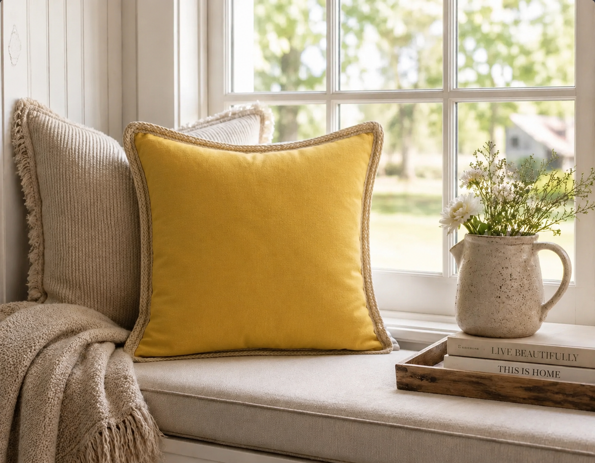 Classic Jute Trimmed Solid Reversible Throw Pillow with Feather Insert - Gold