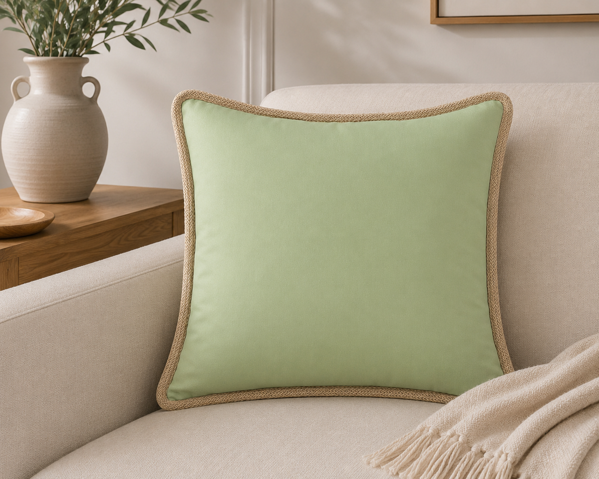 Classic Jute Trimmed Solid Reversible Throw Pillow with Feather Insert - Green