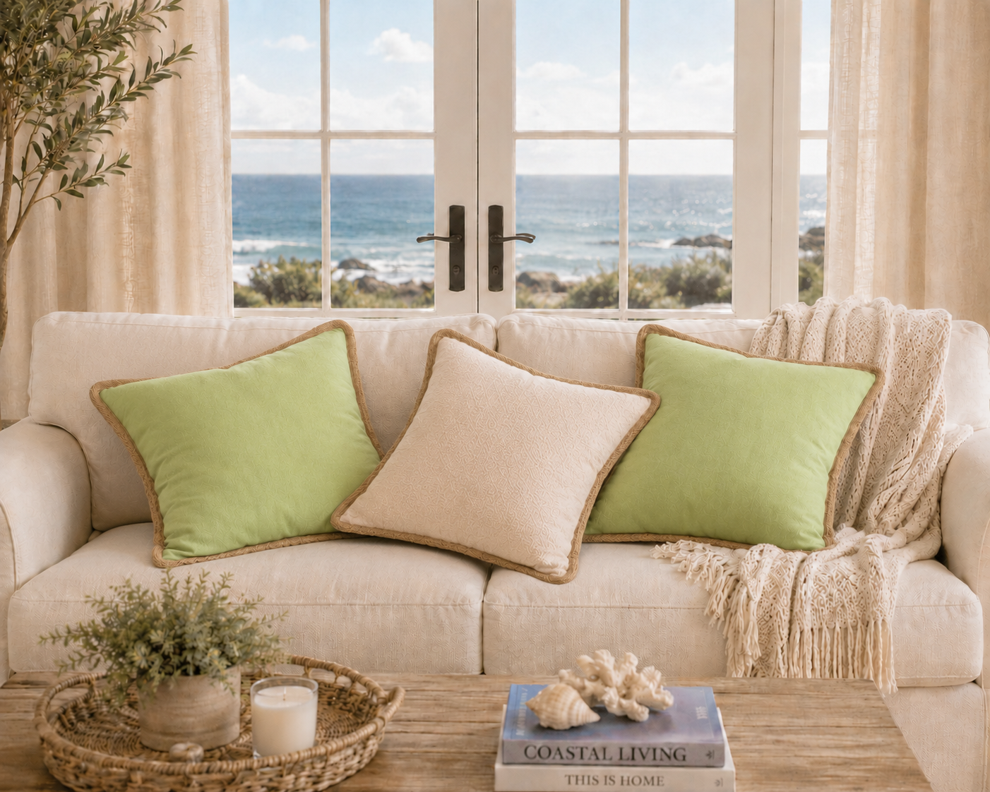 Classic Jute Trimmed Solid Reversible Throw Pillow with Feather Insert - Green