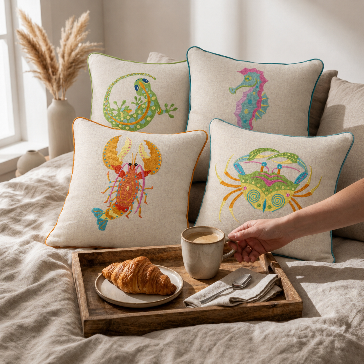 Lobster Embroidered Throw Pillow with Feather Insert