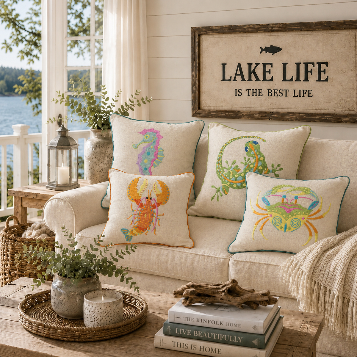 Crab Embroidered Throw Pillow with Feather Insert