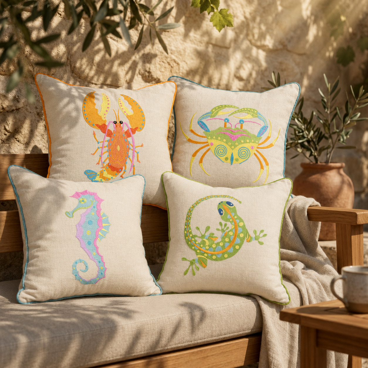 Gecko Embroidered Throw Pillow with Feather Insert