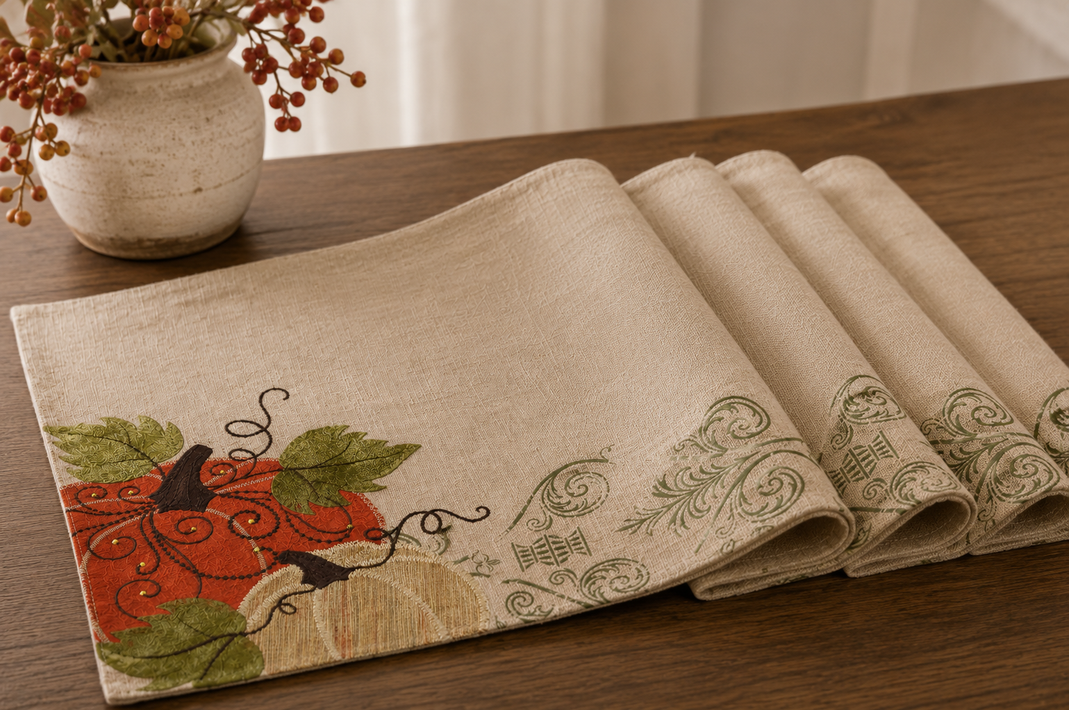 ML14880D Pumpkin Harvest Polyester Appliqué Embroidered Placemat 13x18