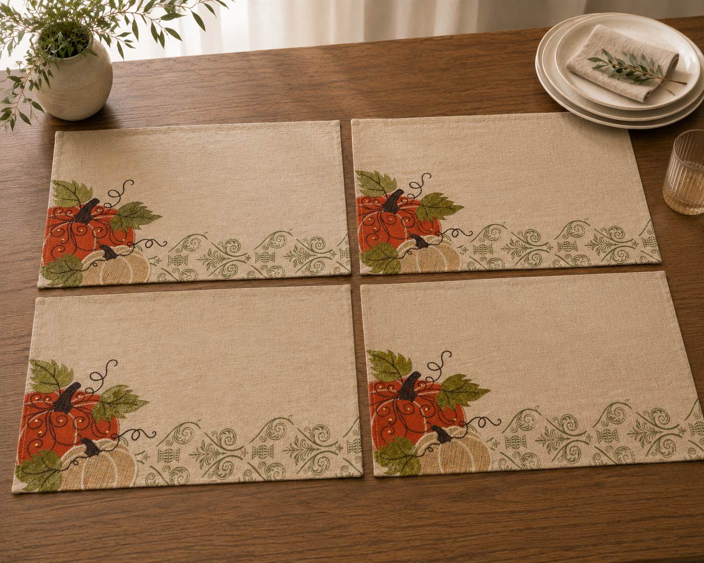 ML14880D Pumpkin Harvest Polyester Appliqué Embroidered Placemat 13x18