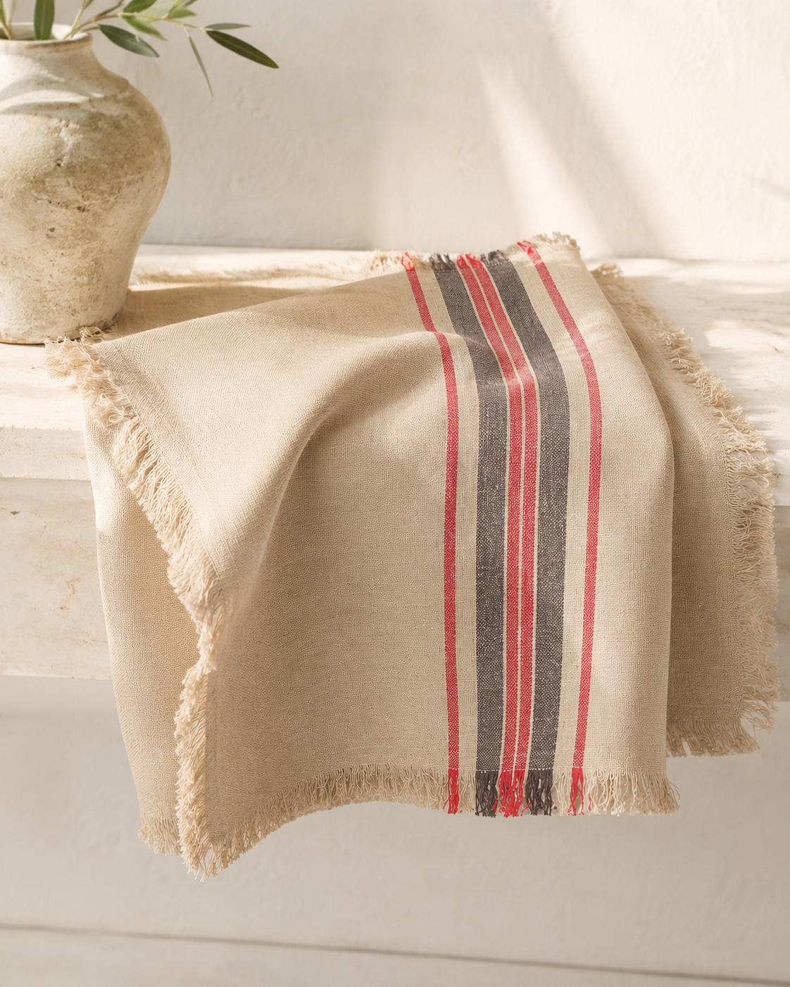 Xia Home Fashions Linen Stripe Napkins Yarn Dyed Fringe 20x20 Natural Set of 4