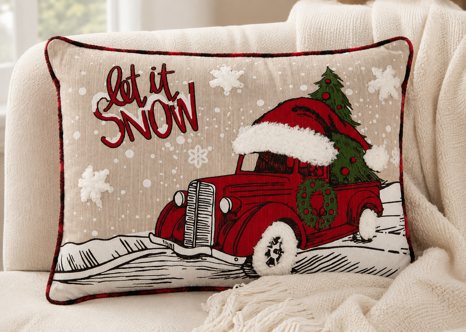 ML21005 Let It Snow Christmas Car Pillow 13x18 Polyester Embroidered Tufted
