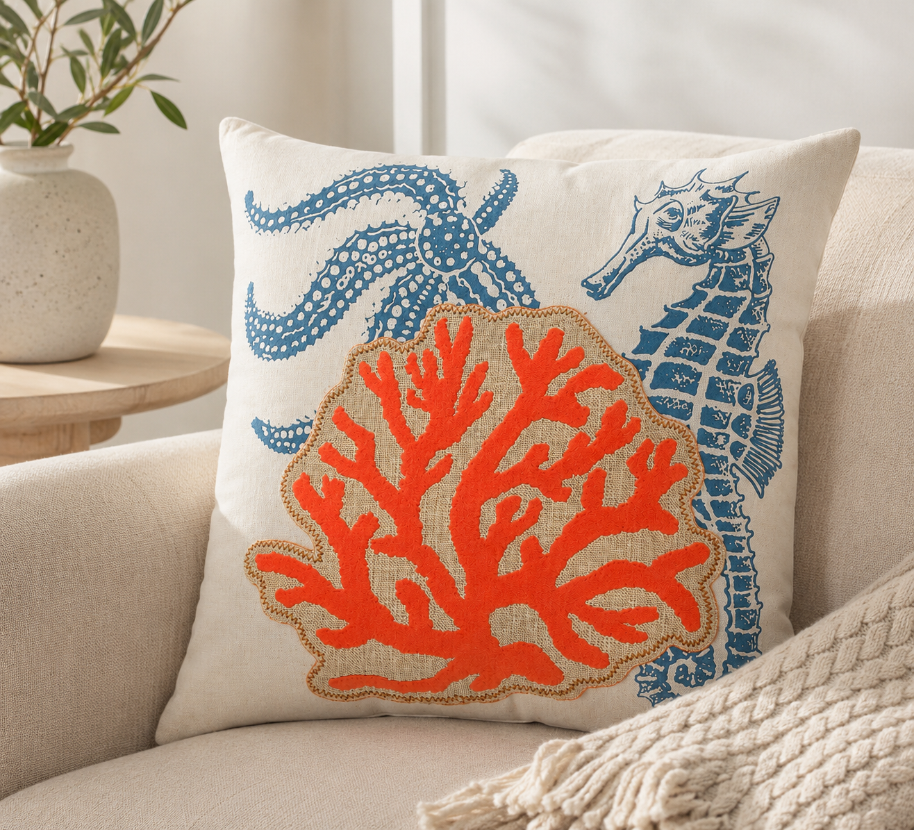 Xia Home Fashions Applique Sea Life Coral Pillow 18x18 Sand