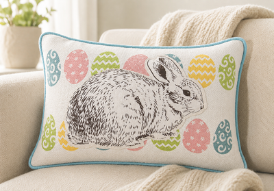XD15151 Bunny Eggs Printed Appliqué Jute Pillow 13x18