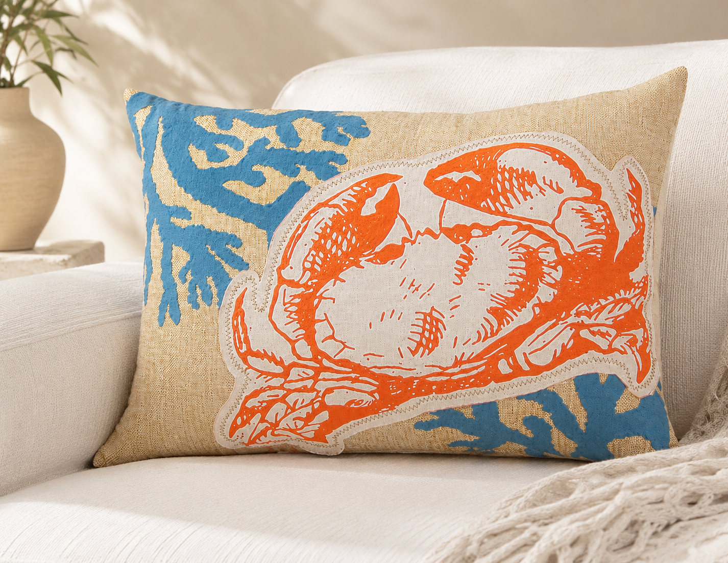 Xia Home Fashions Applique Crab Pillow 13x18 Sand