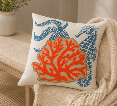 Xia Home Fashions Applique Sea Life Coral Pillow 18x18 Sand