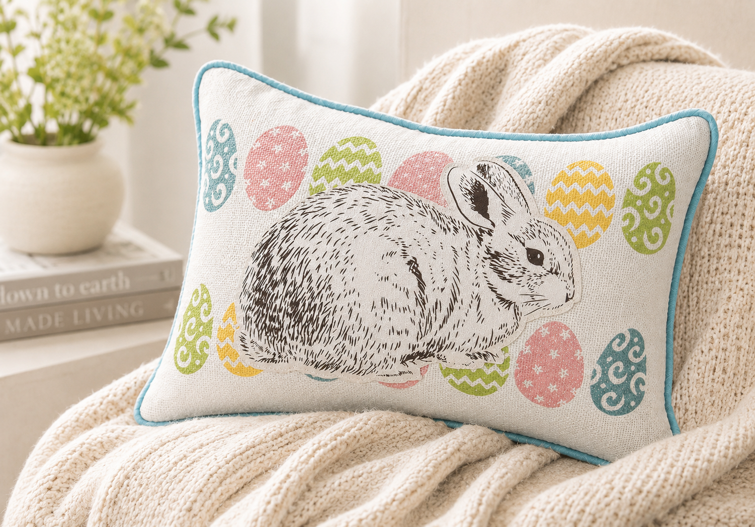 XD15151 Bunny Eggs Printed Appliqué Jute Pillow 13x18