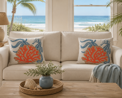Xia Home Fashions Applique Sea Life Coral Pillow 18x18 Sand