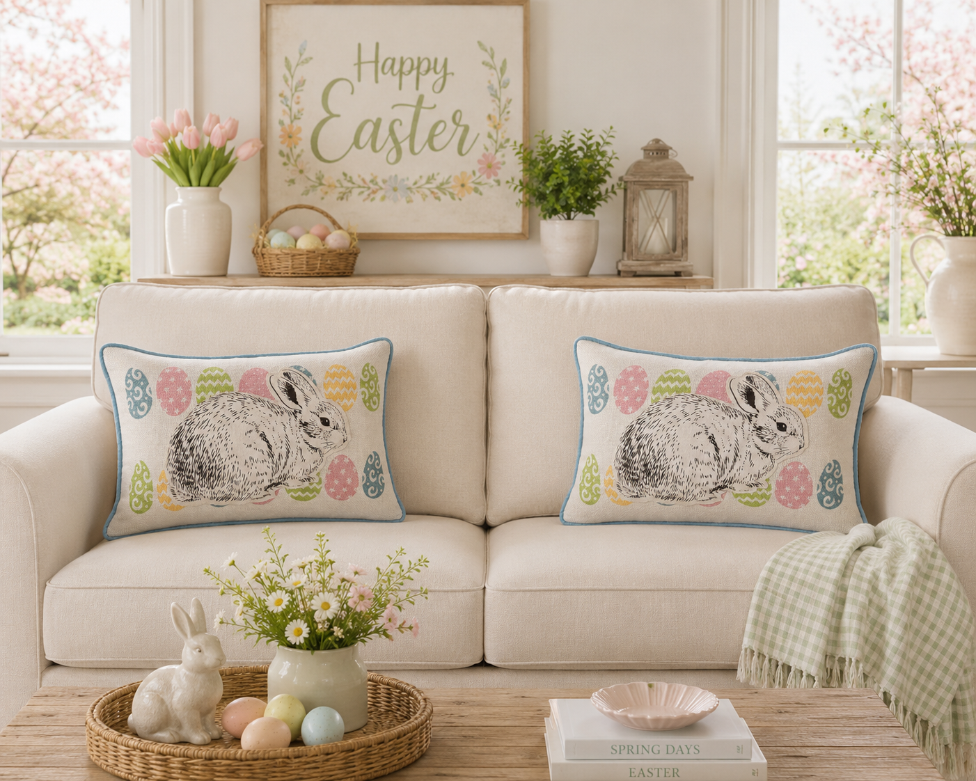 XD15151 Bunny Eggs Printed Appliqué Jute Pillow 13x18