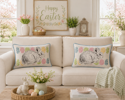 XD15151 Bunny Eggs Printed Appliqué Jute Pillow 13x18