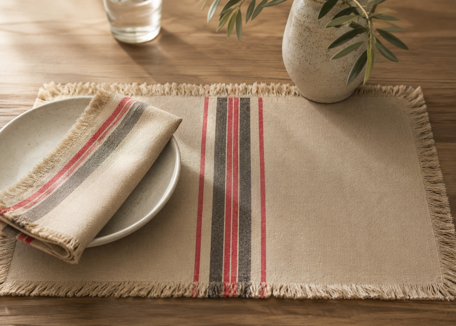 Xia Home Fashions Linen Stripe Placemats Yarn Dyed Fringe 14x20 Natural Set of 4