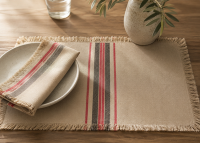 Xia Home Fashions Linen Stripe Placemats Yarn Dyed Fringe 14x20 Natural Set of 4
