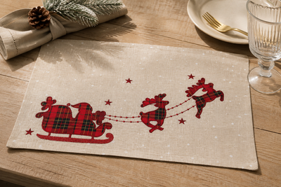 XD19881 Tartan Santa Sleigh Christmas Placemats Set of 4 14x20 Linen Blend