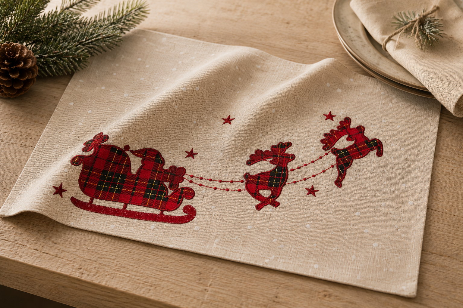 XD19881 Tartan Santa Sleigh Christmas Placemats Set of 4 14x20 Linen Blend