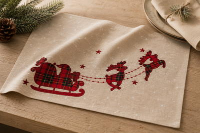 XD19881 Tartan Santa Sleigh Christmas Placemats Set of 4 14x20 Linen Blend