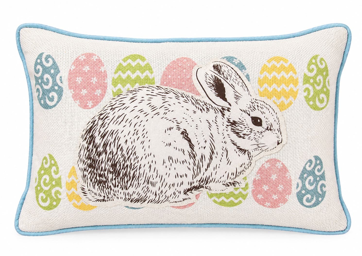 XD15151 Bunny Eggs Printed Appliqué Jute Pillow 13x18