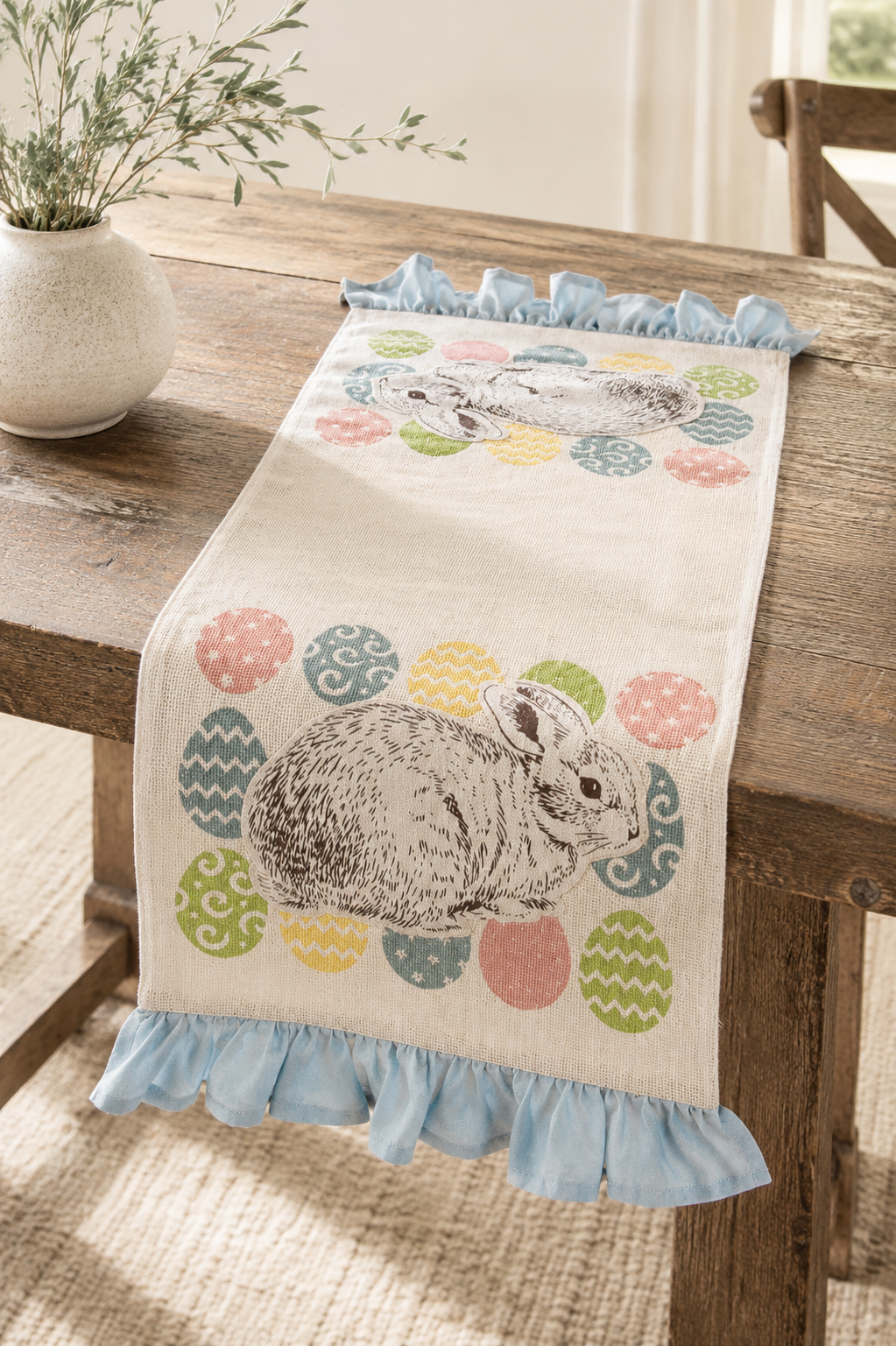 XD15151 Bunny Eggs Printed Appliqué Jute Table Runner 13x36