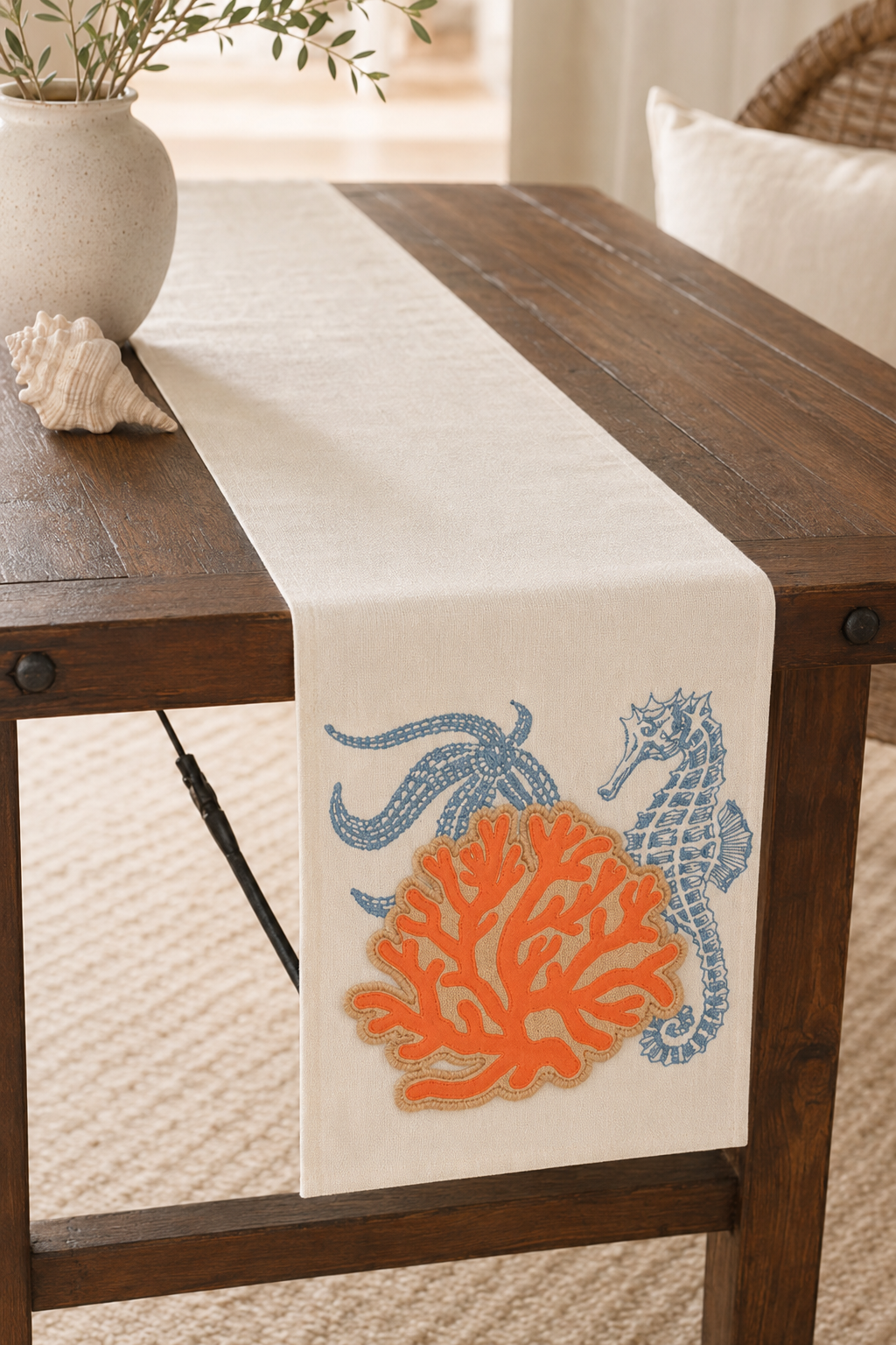 Xia Home Fashions Applique Sea Life Coral Table Runner 13x72 Sand