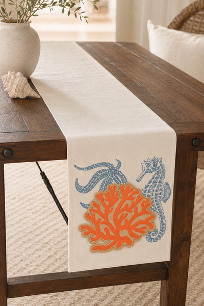 Xia Home Fashions Applique Sea Life Coral Table Runner 13x72 Sand