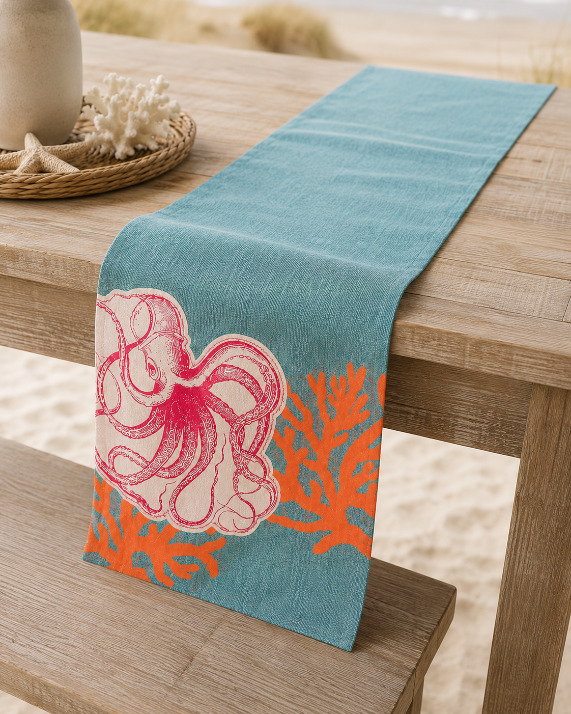 Xia Home Fashions Applique Octopus Table Runner 13x72 Sand