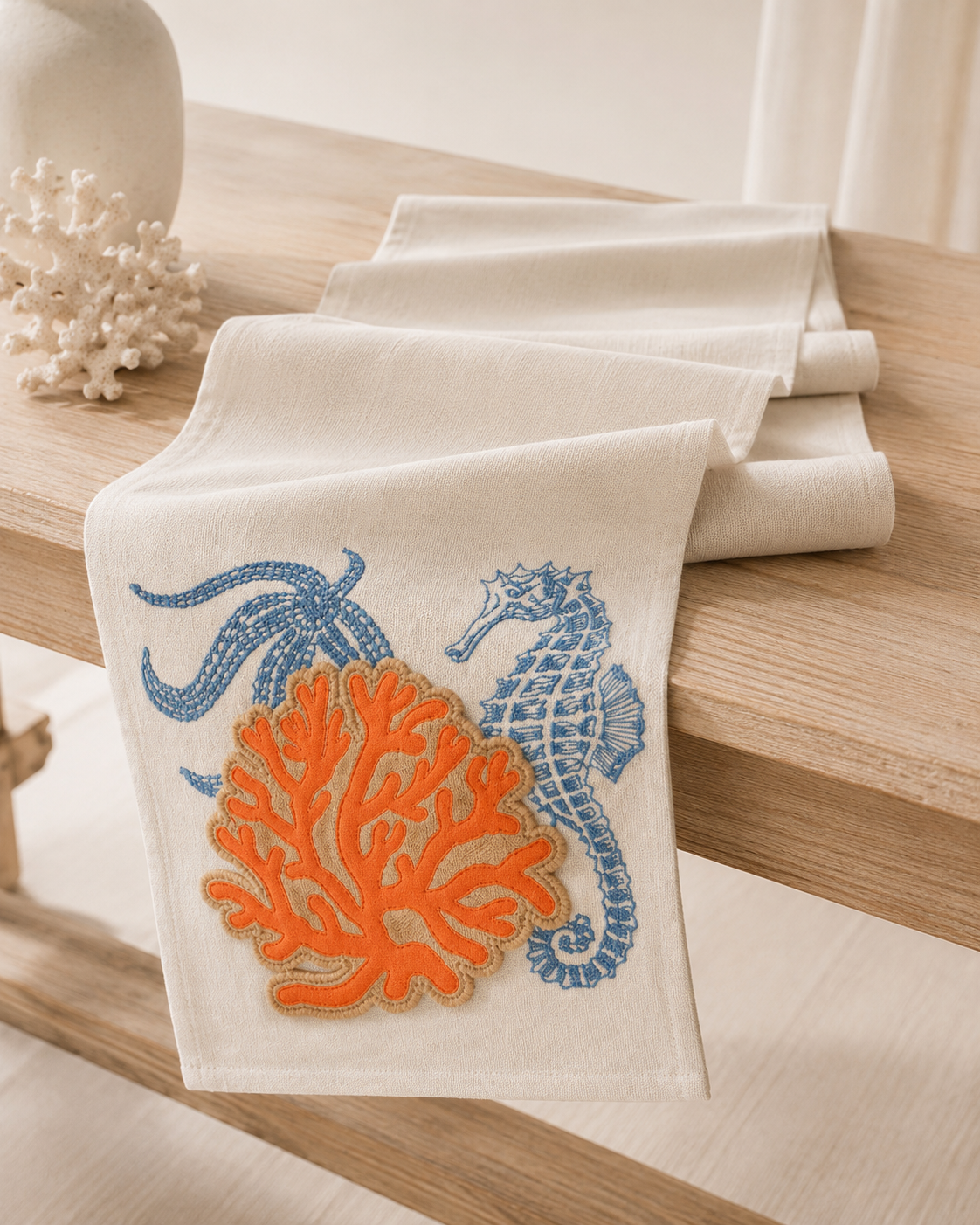 Xia Home Fashions Applique Sea Life Coral Table Runner 13x72 Sand