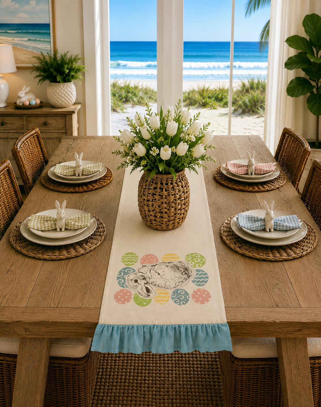 XD15151 Bunny Eggs Printed Appliqué Jute Table Runner 13x36