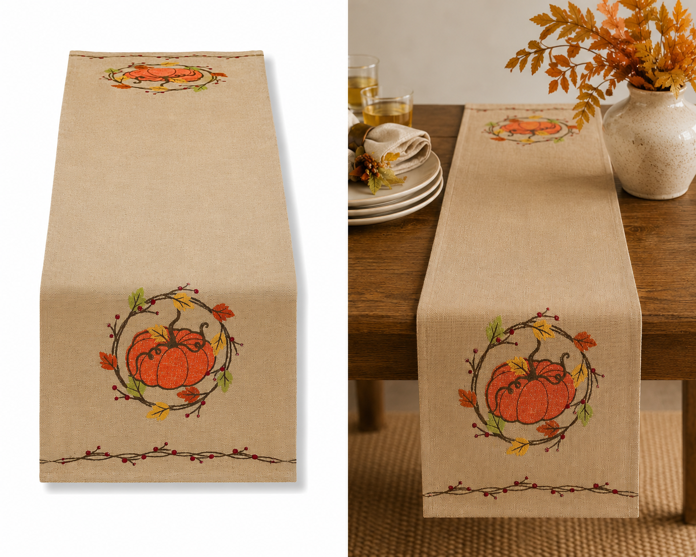 ML16351 Rustic Pumpkin Wreath Embroidered Polyester Table Runner 13x36