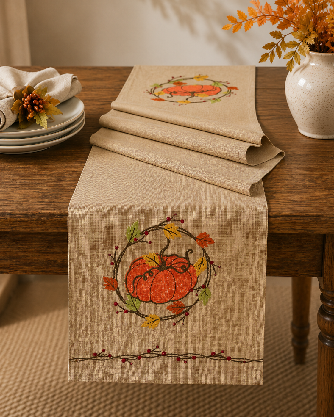 ML16351 Rustic Pumpkin Wreath Embroidered Polyester Table Runner 13x36